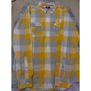 Quiksilver Men's XL Plaid Button Up Shirt Yellow Gray Long Sleeve Surf/Skate